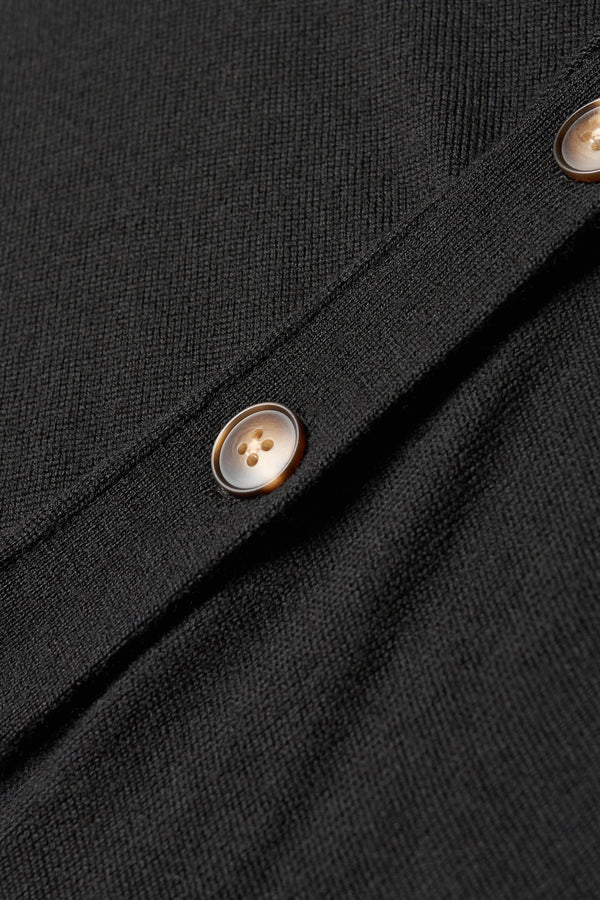 Close up fabric detail of the Impart Mock neck Sweater in Merino wool with Button detailing along the shoulders in Black