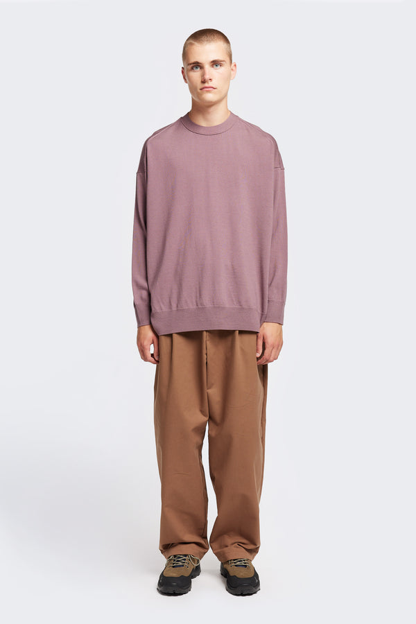 Front of Model wearing loose fit merino wool crew neck sweater with exposed seams in mauve.