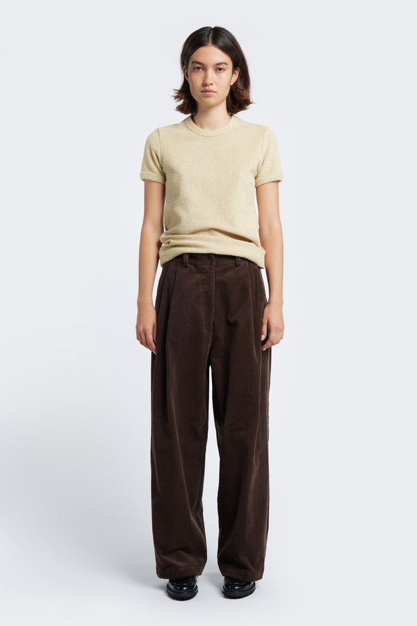 The Exodus Tee Butter, a classic slim fit ringer t-shirt in thick jersey with a textured loop weave for a brushed finish. Available in five sizes.