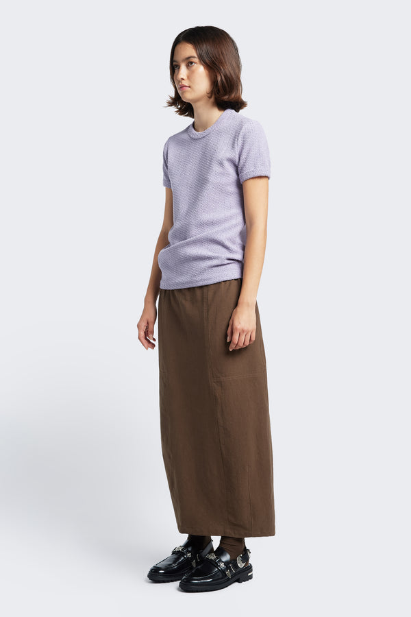 The Exodus Tee Lilac, a classic slim fit ringer t-shirt in thick jersey, styled with the Anima Skirt Brown. Available in five sizes.