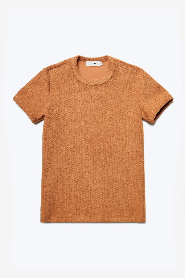 The front of the Exodus Tee Rusty Brown, a classic slim fit ringer t-shirt in thick jersey with a textured loop weave for a brushed finish.