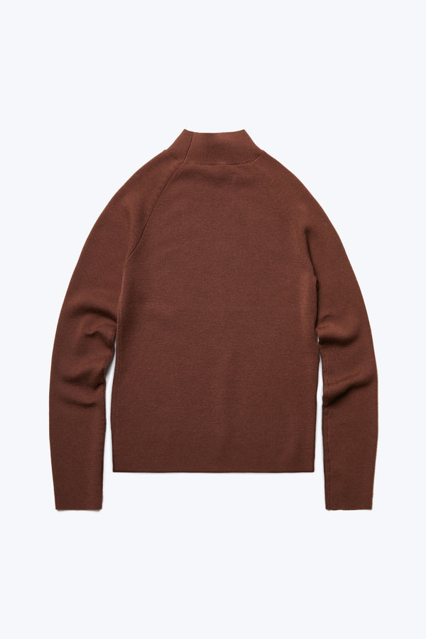 The back of the Monument Mock Neck Sweater, a slim fit knit with a high neck made from Merino Wool in Brown.
