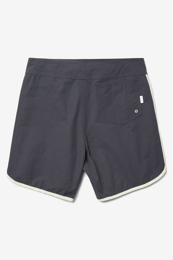 Back of The Hybrid Board short in Slate Grey, made from a functional technical cotton/nylon thats durable, stashable and quick-drying. Featuring back patch pocket with Velcro closure. Available in 5 sizes.