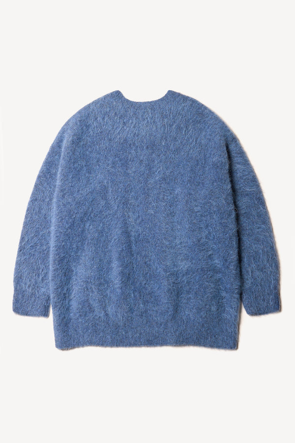 Flat Back of the Marlin, oversized fluffy knit crew neck sweater in indigo blue.