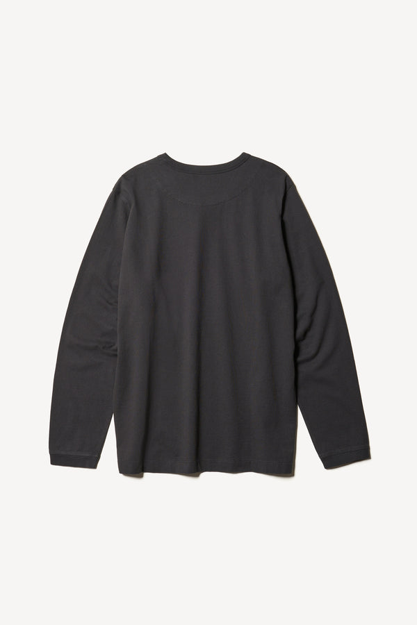 Flat back of The Offline T-shirt long sleeve crafted in soft, durable 100% organic cotton in Jet Black. Available in 5 sizes.