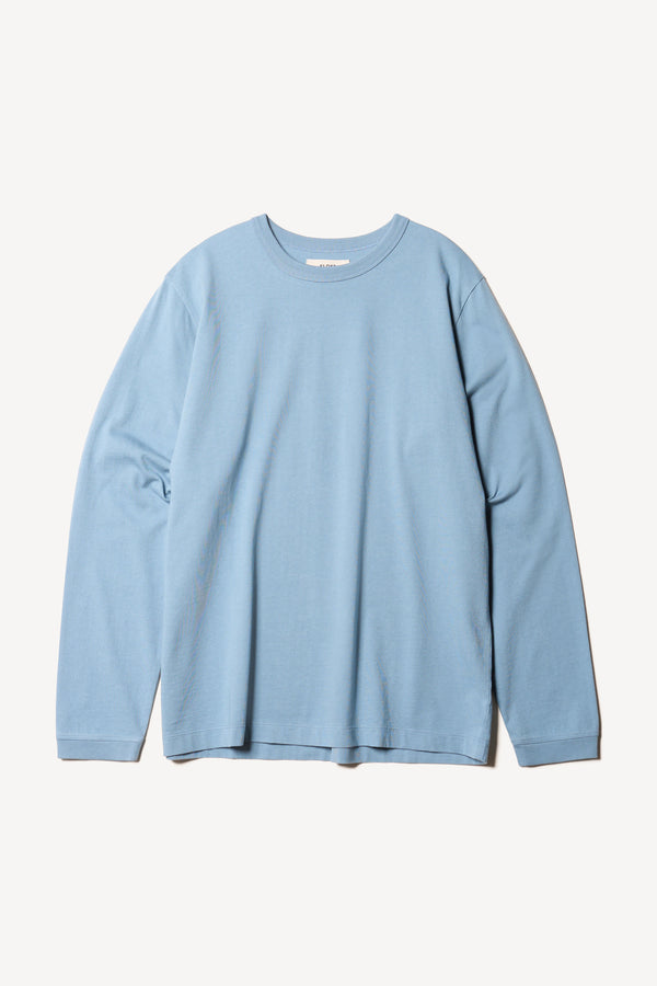 Flat front of The Offline T-shirt long sleeve crafted in soft, durable 100% organic cotton in Blue. Available in 5 sizes.