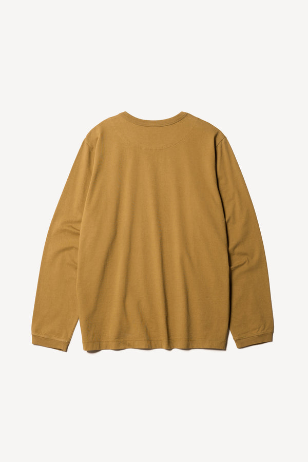 Flat back of The Offline T-shirt long sleeve crafted in soft, durable 100% organic cotton in Olive oil. Available in 5 sizes.
