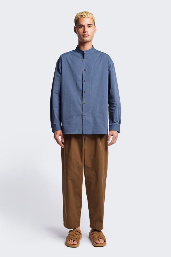 Blue Underground Long Sleeve Shirt in washed cotton herringbone twill with band collar and button placket. Available in 5 sizes.