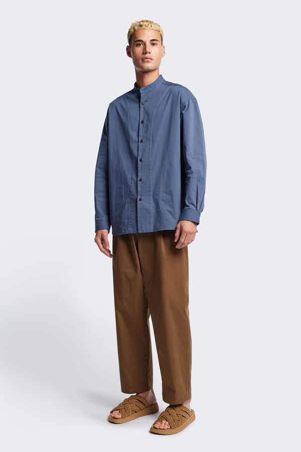 Blue Underground Long Sleeve Shirt in washed cotton herringbone twill with band collar and button placket. Available in 5 sizes.