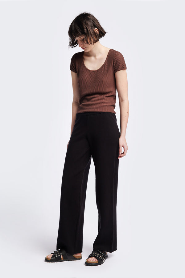 Celsius Knit T-Shirt in Cocoa Brown, ribbed with a shallow scoop neckline, small cap sleeves, and slim fit. Made from 100% Tencel. Available in 5 sizes.