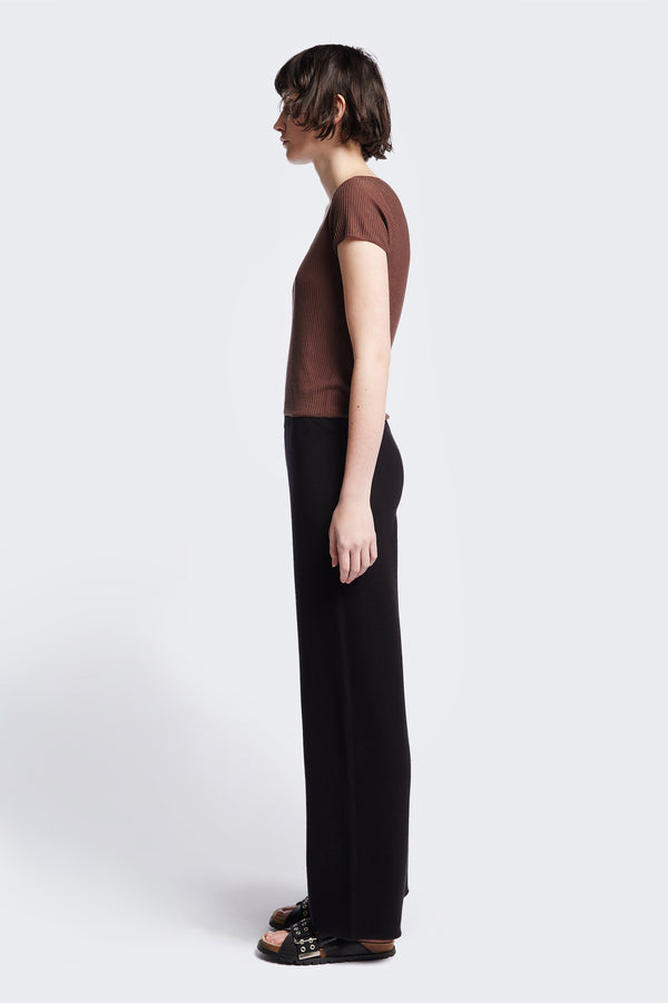 Celsius Knit T-Shirt in Cocoa Brown, ribbed with a shallow scoop neckline, small cap sleeves, and slim fit. Made from 100% Tencel. Available in 5 sizes.