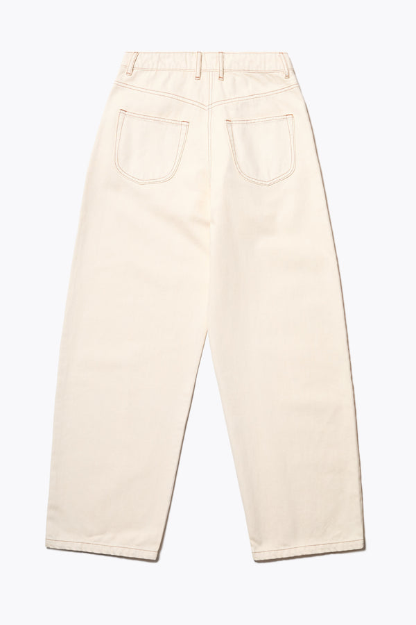 Flat Back of the Delphi Jean in ecru, featuring a wide leg that tapers at the ankle, with an exposed button fly and Kloke-branded hardware. Available in 10 sizes.