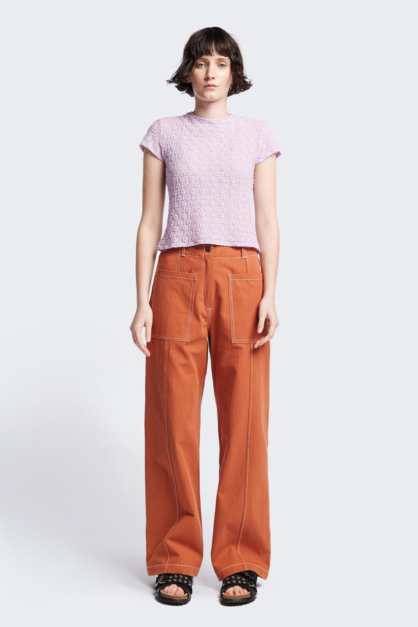 Delta pant in Burnt Orange, a tailored casual pant in premium cotton herringbone twill with contrast stitch panelling. Straight leg and tailored fit for a sleek, flattering polished finish. Available in 6 sizes.