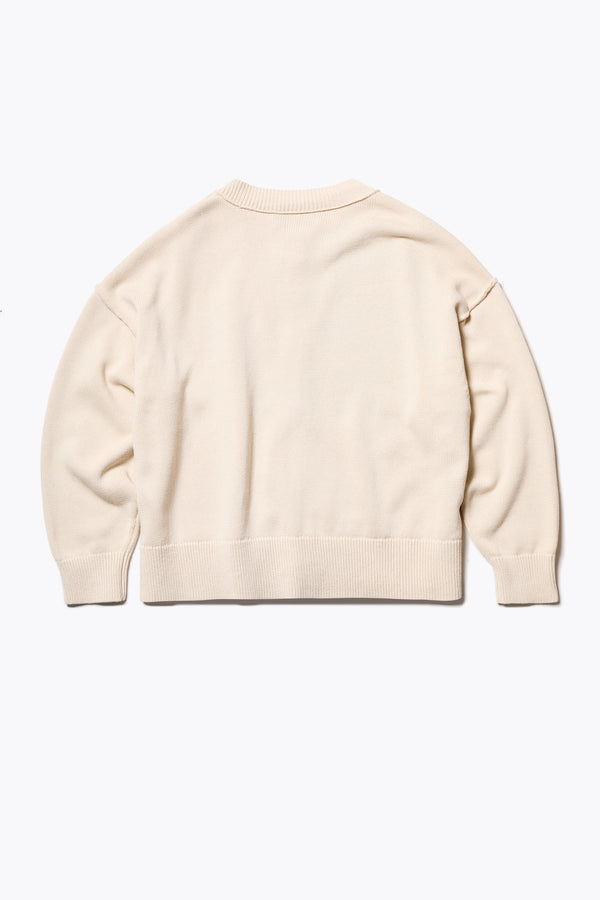 Flow Cardigan in Ecru Beige , relaxed boxy cardigan in soft cotton yarn with a crew neckline, button closure, and exaggerated dropped shoulders. Available in 5 sizes.