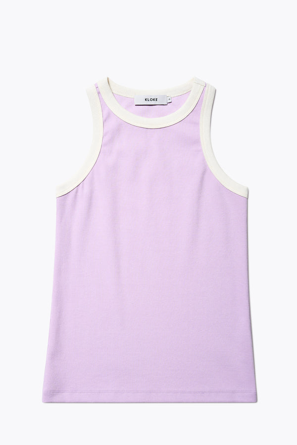 Flat Front of Kloke Flux Racer Back Tank in Lilac and Ecru Japanese ribbed cotton, featuring a slim fit and slight racer neckline, perfect for layering. Available in 5 sizes.