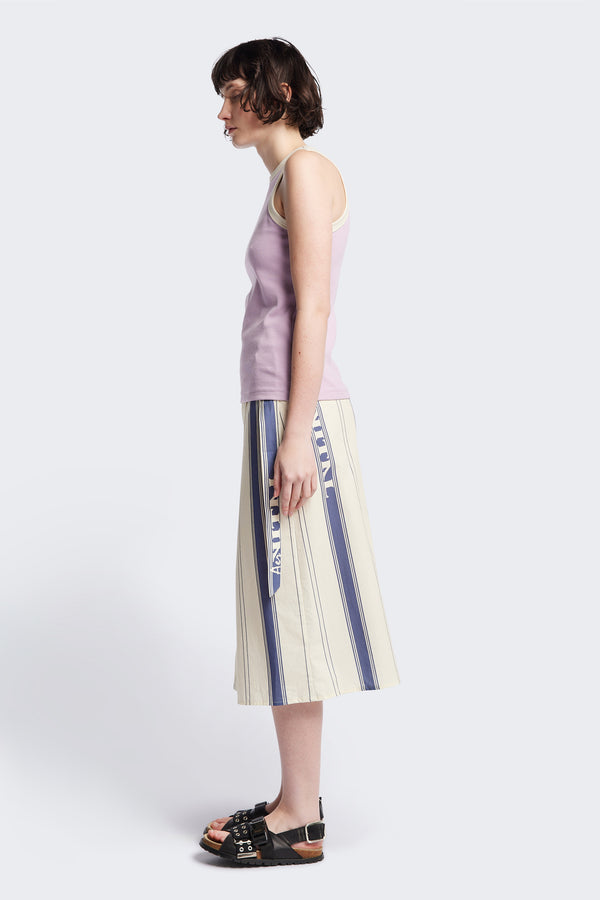 Side of Kloke Flux Racer Back Tank in Lilac and Ecru Japanese ribbed cotton, featuring a slim fit and slight racer neckline, perfect for layering. Available in 5 sizes.