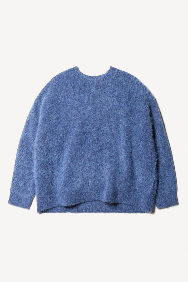 Flat front of the alpaca blend Laurel Crew Neck Knit Sweater in indigo marle