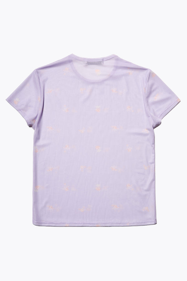 Back of The Mica Short Sleeve Mesh Top in Lilac Floral, lightweight and soft with just the right amount of stretch. Available in 6 sizes