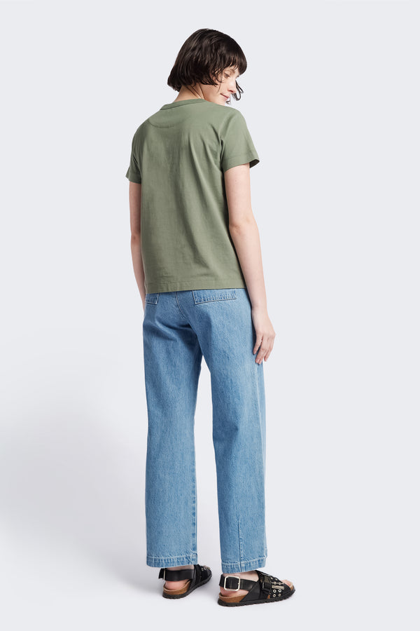 Back of The Oceania Tee, a fitted style t-shirt cut from premium organic cotton jersey in Sage green. Available in five sizes.