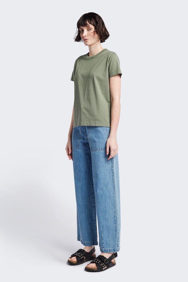 The Oceania Tee, a fitted style t-shirt cut from premium organic cotton jersey in Sage green. Available in five sizes.