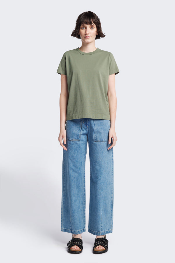 The Oceania Tee, a fitted style t-shirt cut from premium organic cotton jersey in Sage green. Available in five sizes.