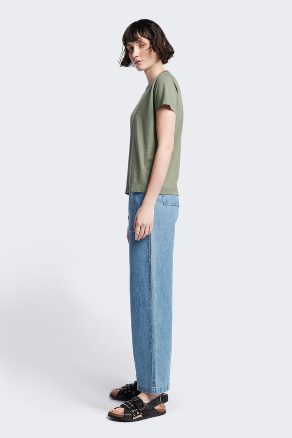 Side of The Oceania Tee, a fitted style t-shirt cut from premium organic cotton jersey in Sage green. Available in five sizes.