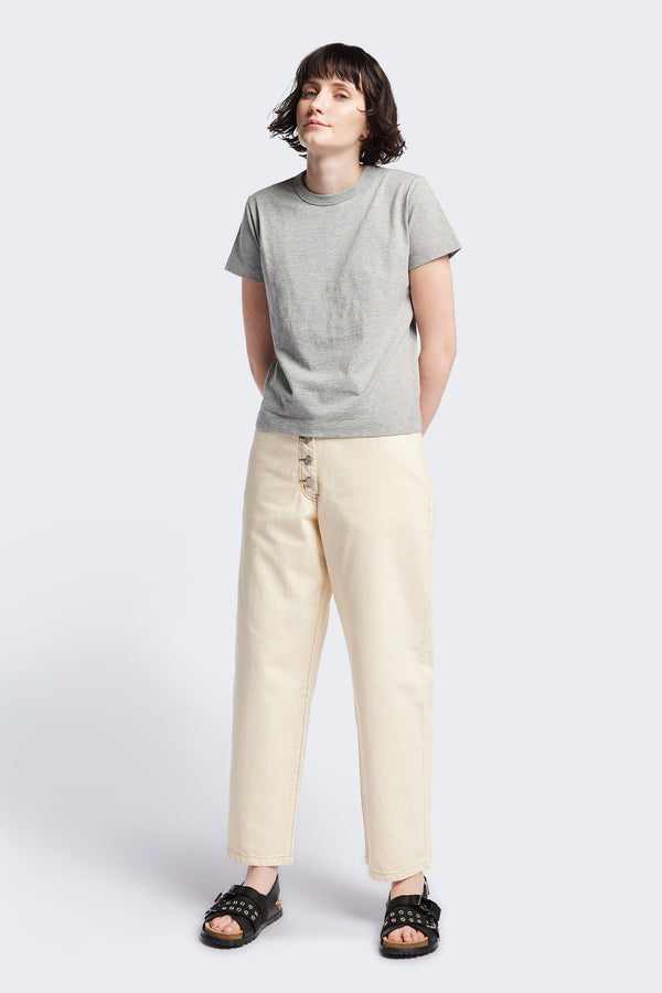 The Oceania Tee, a fitted style t-shirt cut from premium organic cotton jersey in Heather Grey. Available in five sizes.