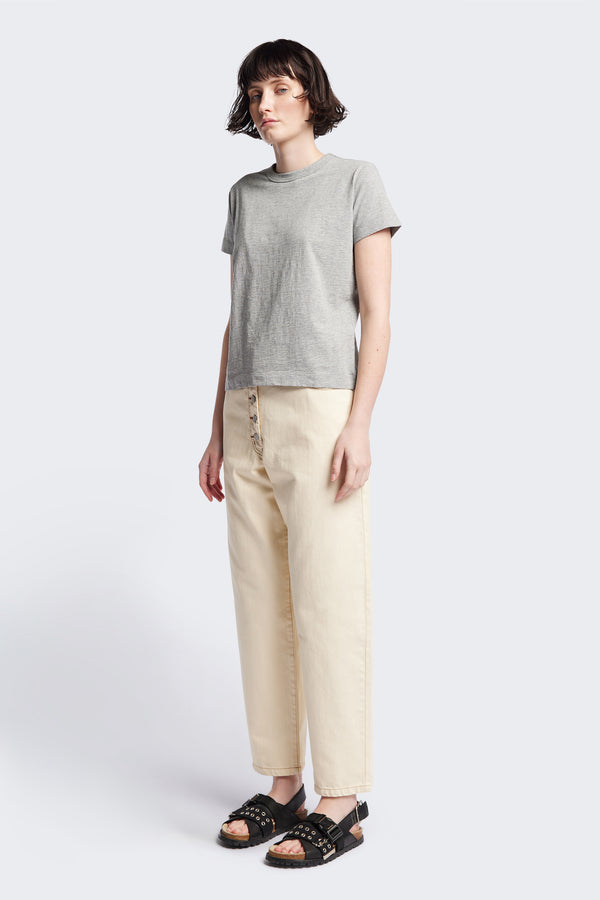 The Oceania Tee, a fitted style t-shirt cut from premium organic cotton jersey in Heather Grey. Available in five sizes.