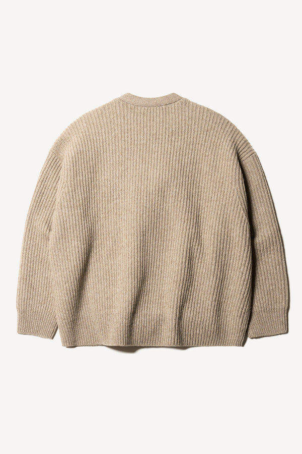 Flat back of the Pause oversized ribbed wool cardigan with button closure in light taupe