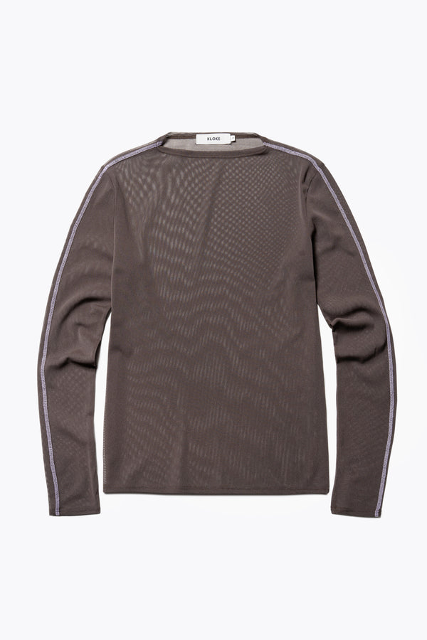 Flat Front of the Rein Mesh Long Sleeve Top in Brown and Lilac. Featuring a high neckline, contrast flatlock seams, and sheer, lightweight fabric, perfect for layering.