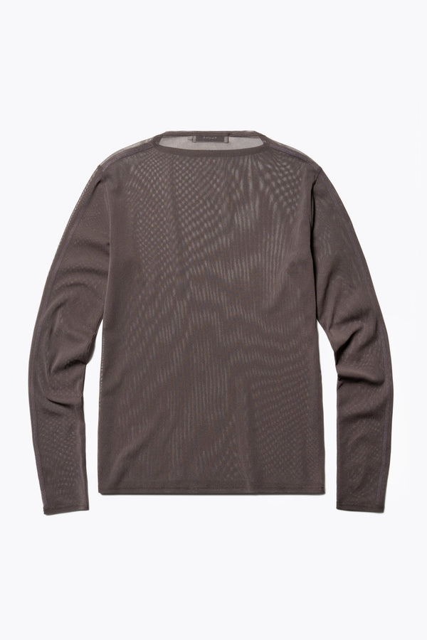 Flat Back of the Rein Mesh Long Sleeve Top in Brown and Lilac. Featuring a high neckline, contrast flatlock seams, and sheer, lightweight fabric, perfect for layering.
