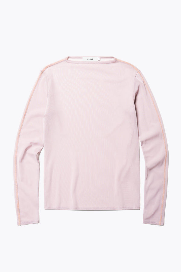 Flat Front of the Rein Mesh Long Sleeve Top in Pale Mauve and Peach. Featuring a high neckline, contrast flatlock seams, and sheer, lightweight fabric, perfect for layering.
