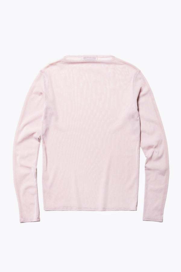 Flat Back of the Rein Mesh Long Sleeve Top in Pale Mauve and Peach. Featuring a high neckline, contrast flatlock seams, and sheer, lightweight fabric, perfect for layering.