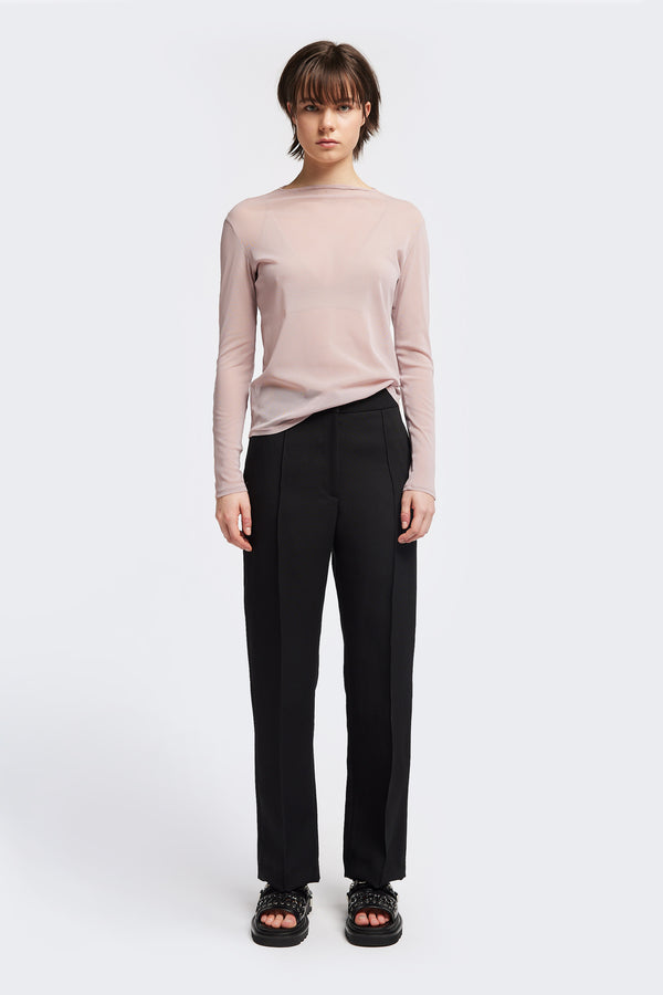 Front of the Rein Mesh Long Sleeve Top in Pale Mauve and Peach. Featuring a high neckline, contrast flatlock seams, and sheer, lightweight fabric, perfect for layering.