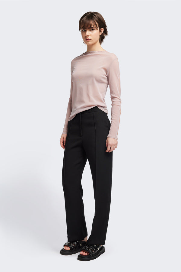 Front of the Rein Mesh Long Sleeve Top in Pale Mauve and Peach. Featuring a high neckline, contrast flatlock seams, and sheer, lightweight fabric, perfect for layering.