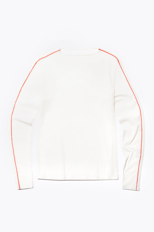 Flat Front of the Rein Mesh Long Sleeve Top in Ecru and Red. Featuring a high neckline, contrast flatlock seams, and sheer, lightweight fabric, perfect for layering.