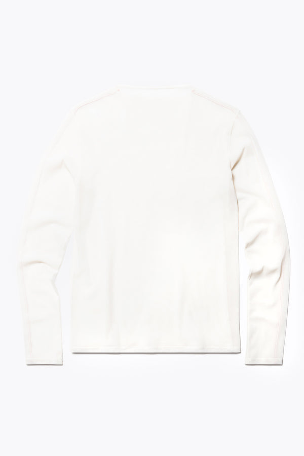 Flat Back of the Rein Mesh Long Sleeve Top in Ecru and Red. Featuring a high neckline, contrast flatlock seams, and sheer, lightweight fabric, perfect for layering.