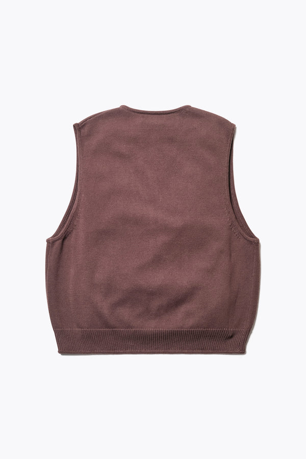 Back of the Ritual Vest in Brown soft cotton rib, featuring a shallow V-neckline and centre front button placket. A versatile trans-seasonal layering piece, available in 5 sizes.