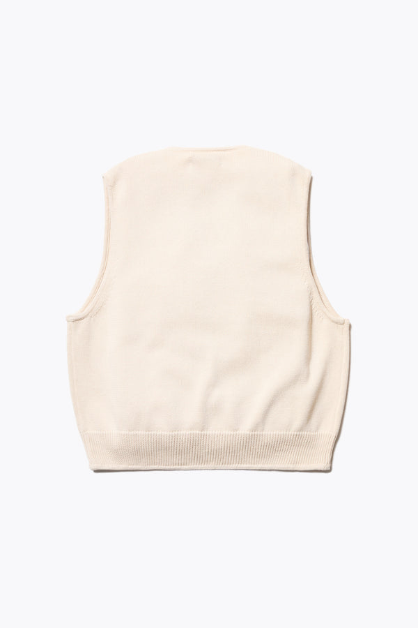 Back of the Ritual Vest in Ecru Beige soft cotton rib, featuring a shallow V-neckline and centre front button placket. A versatile trans-seasonal layering piece, available in 5 sizes.