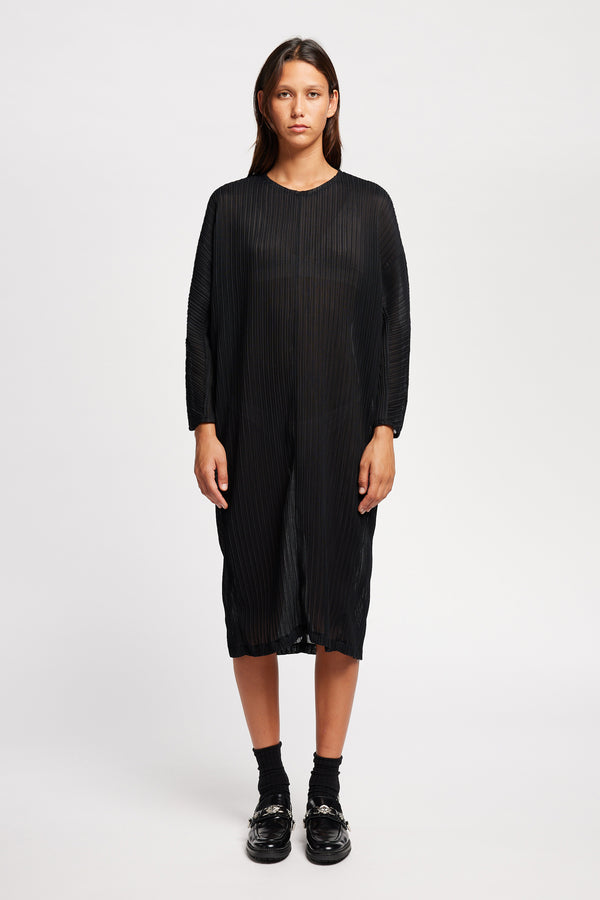 Front view of black Sequel Dress with high neckline, midi length, and bracelet sleeves