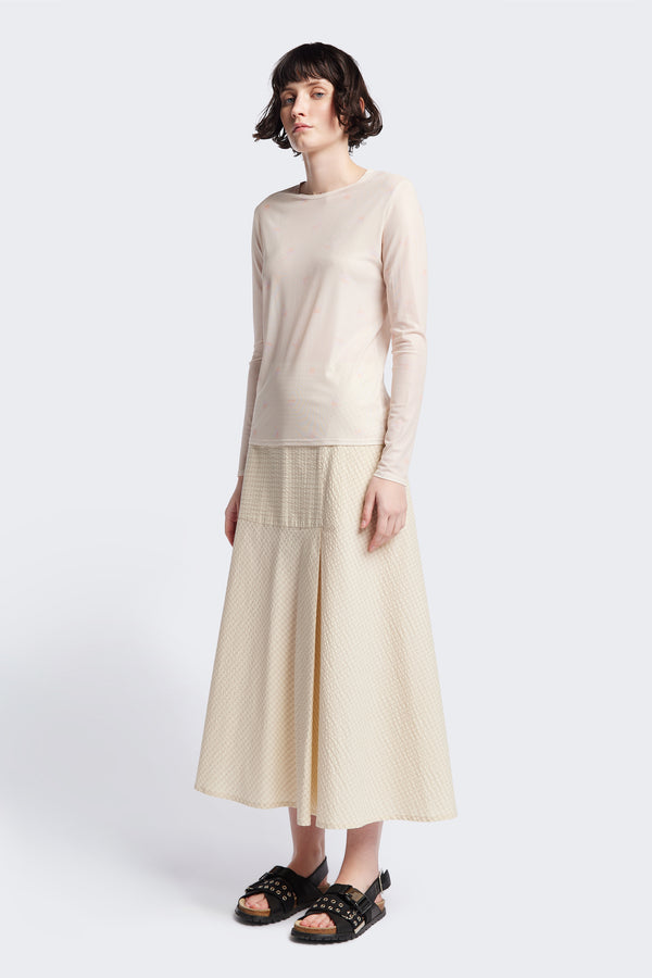 Springs Mesh Long Sleeve Top featuring a delicate floral print on lightweight, sheer mesh fabric. Ideal for layering under dresses or shirts. Available in 6 sizes.