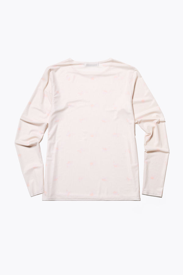 Back of the Spring Mesh Long Sleeve Top featuring a delicate floral print on lightweight, sheer mesh fabric. Ideal for layering under dresses or shirts. Available in 6 sizes.