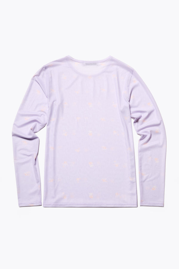 Back of the Spring Mesh Long Sleeve Top in lilac floral, featuring a delicate floral print on lightweight, sheer mesh fabric. Ideal for layering under dresses or shirts. Available in 6 sizes.