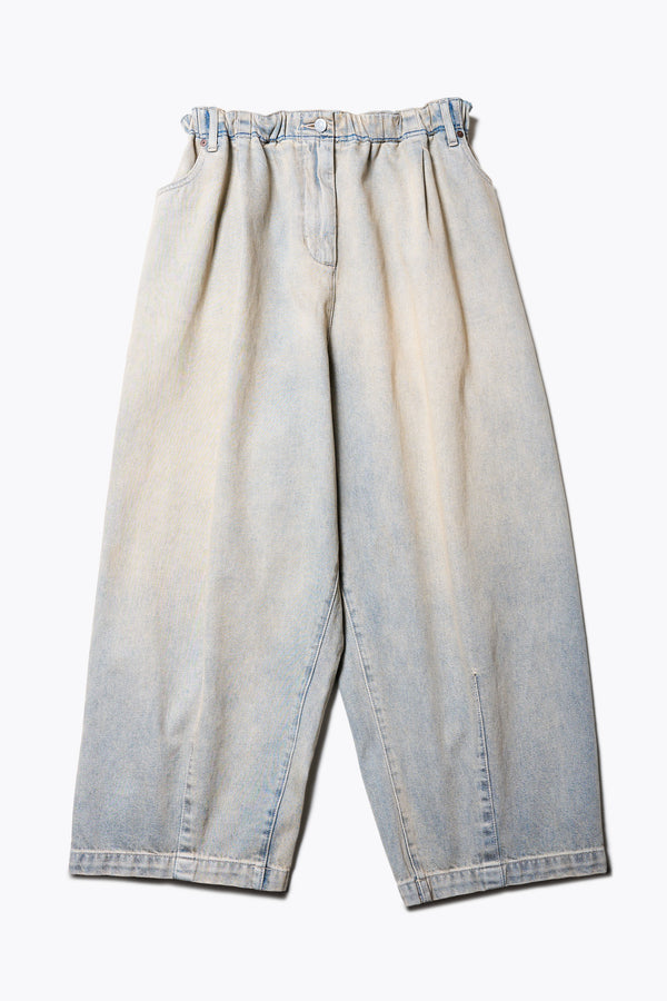 Flat Front of the Tunnel Denim Pant in Blue Pink Fade, with a relaxed fit, wide tapered leg, and elasticated waistband, made from lightweight Japanese cotton denim. Available in 5 sizes.