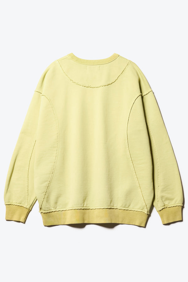flat back Unisex format oversized crew neck sweater in chartreuse with clean panelled design and raw flat-locked seams, displayed from the front.