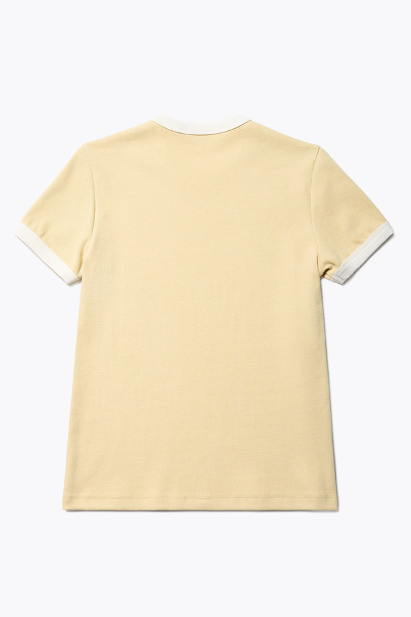 Flat back of the Veil Rib Tee a slim-fit ringer tee in ribbed cotton, featuring a vintage 70's-inspired design with contrasting neckline and sleeve details. Available in 5 sizes.