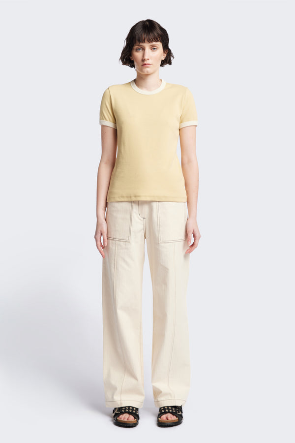 Front of the Veil Rib Tee a slim-fit ringer tee in ribbed cotton, featuring a vintage 70's-inspired design with contrasting neckline and sleeve details. Available in 5 sizes.