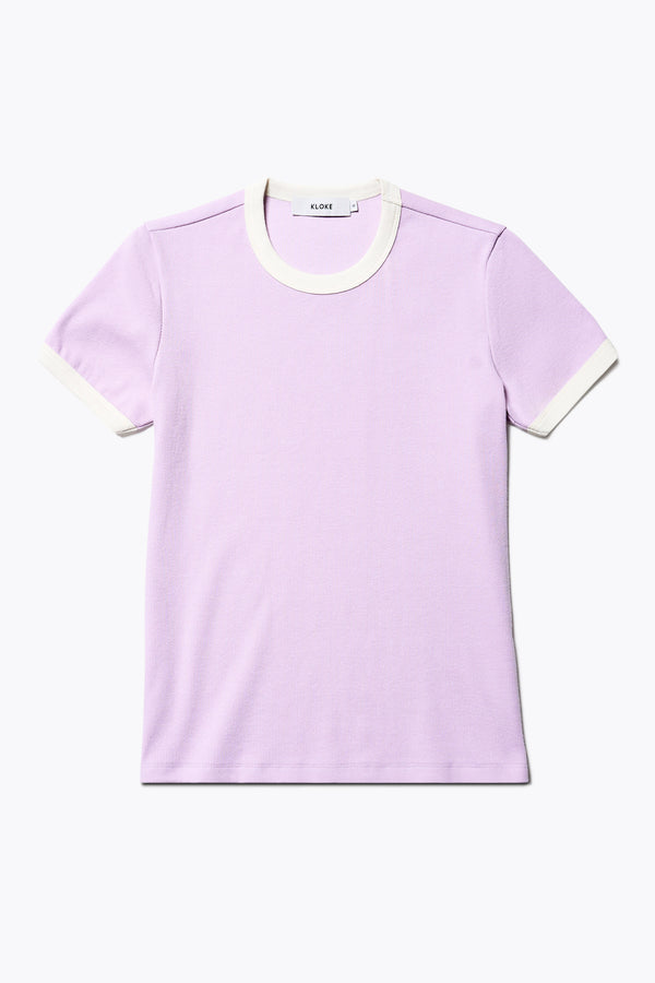 Flat Front of the Veil Rib Tee a slim-fit ringer tee in ribbed cotton, featuring a vintage 70's-inspired design with contrasting neckline and sleeve details. Available in 5 sizes.