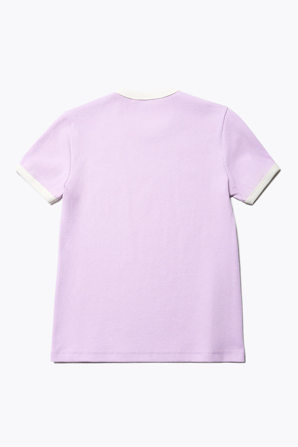 Flat Back of the Veil Rib Tee a slim-fit ringer tee in ribbed cotton, featuring a vintage 70's-inspired design with contrasting neckline and sleeve details. Available in 5 sizes.