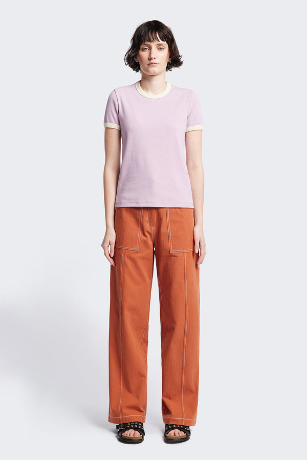 Front of the Veil Rib Tee a slim-fit ringer tee in ribbed cotton, featuring a vintage 70's-inspired design with contrasting neckline and sleeve details. Available in 5 sizes.